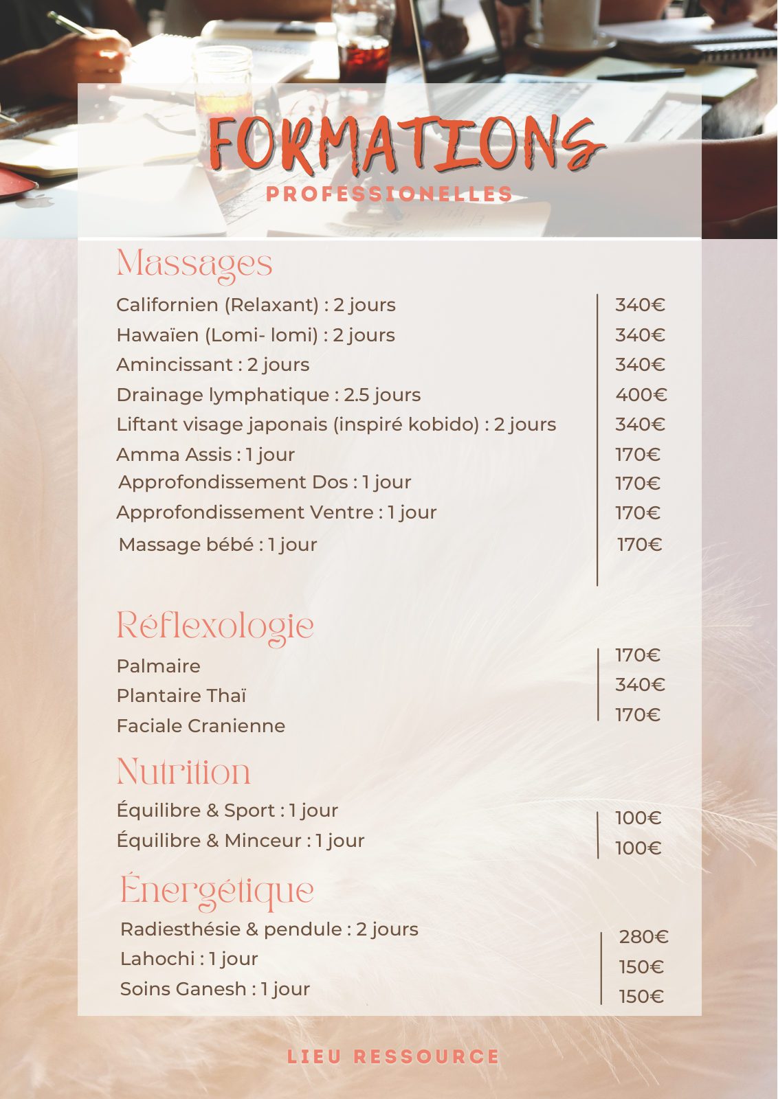 Tarifs des formations professionnelles de massages