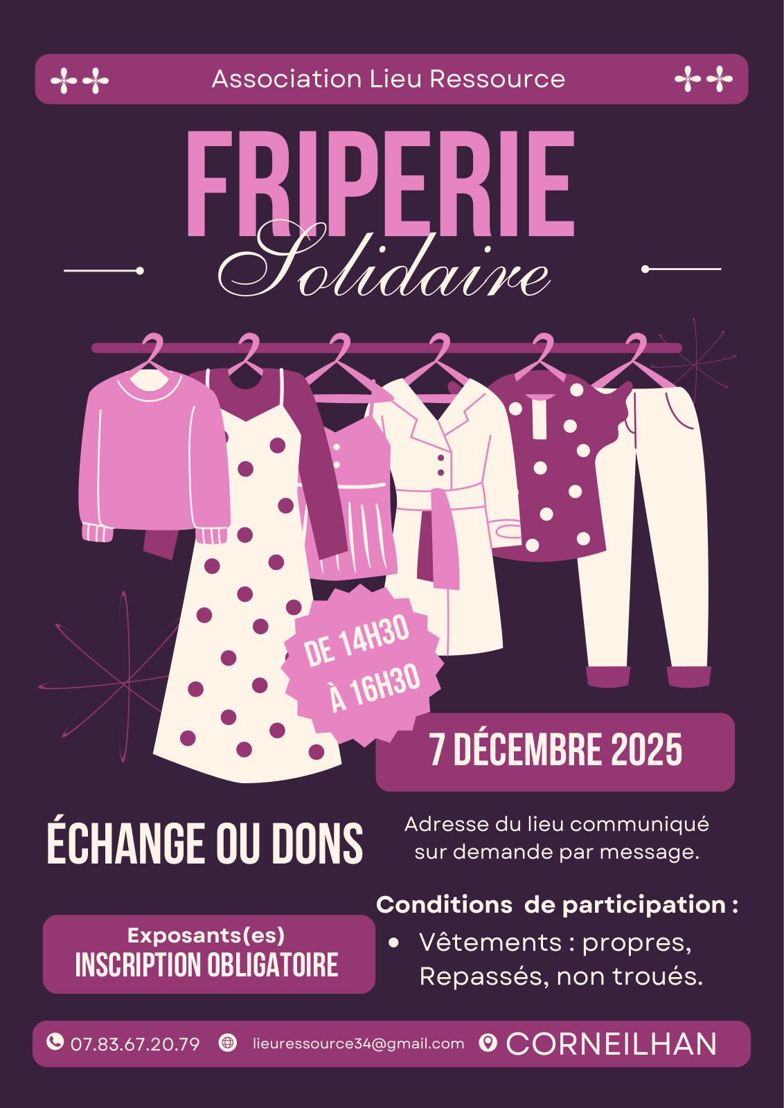 Affiche Friperie solidaire — échange ou dons, décembre 2025