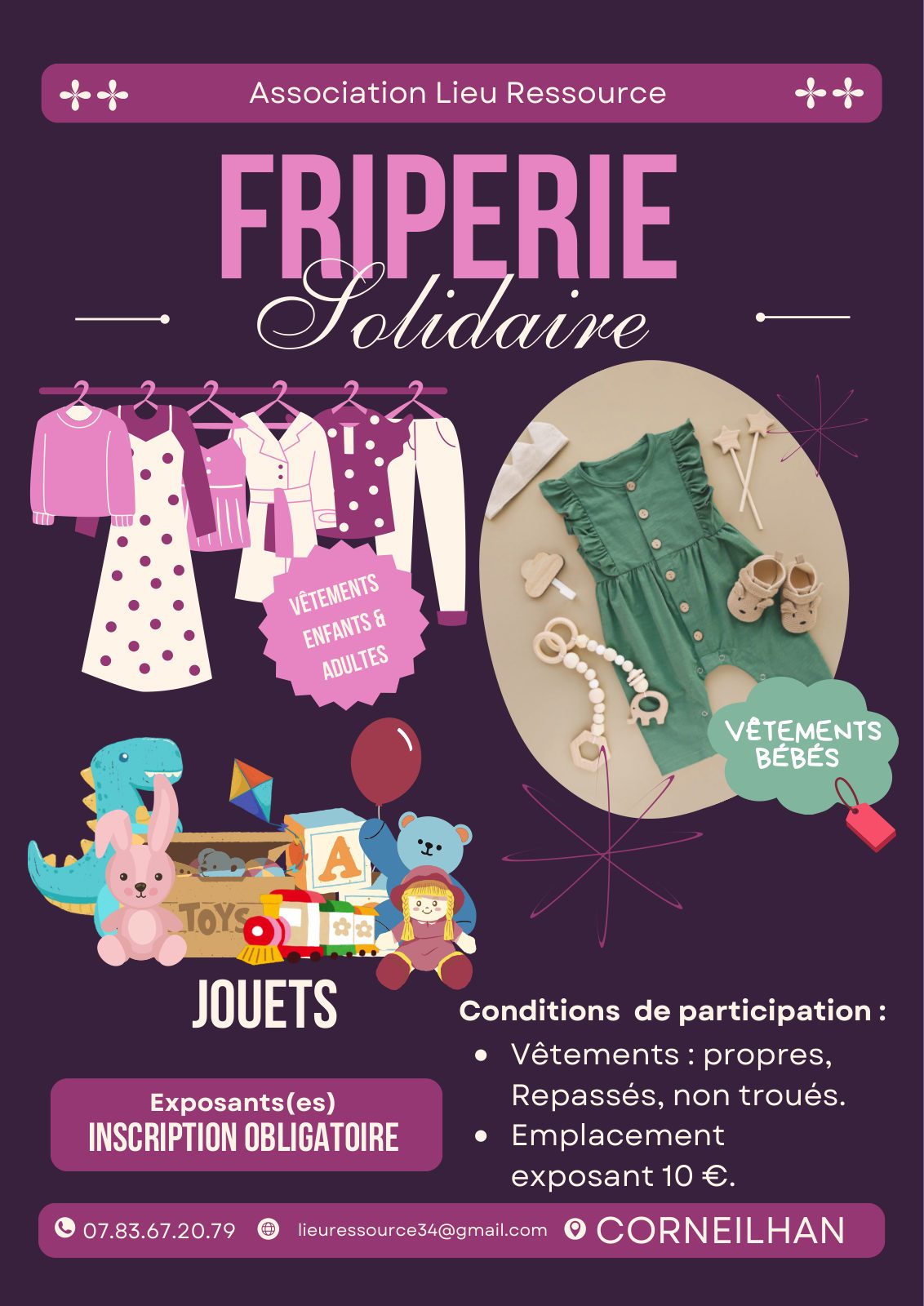 Affiche Friperie solidaire — vêtements et jouets, association Lieu Ressource