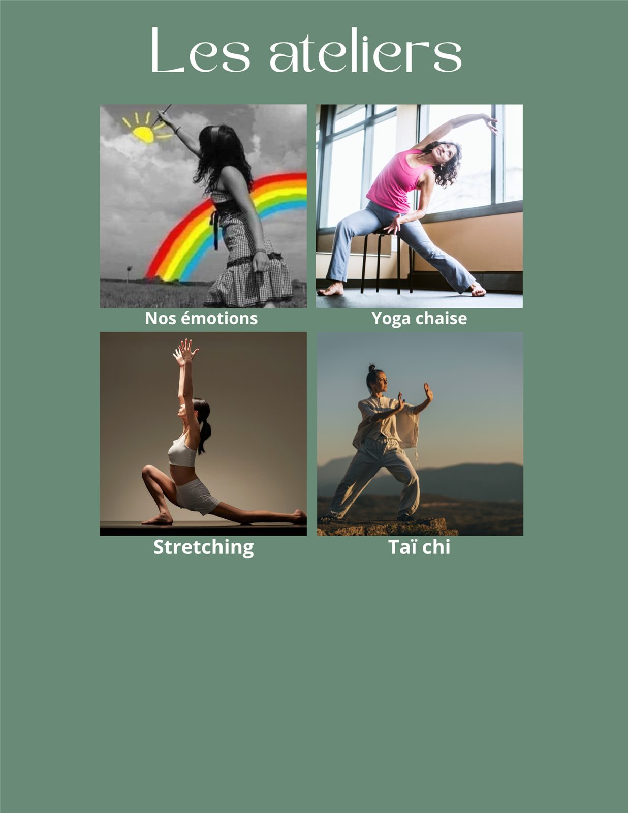 Les ateliers des retraites : émotions, yoga chaise, stretching, taï chi