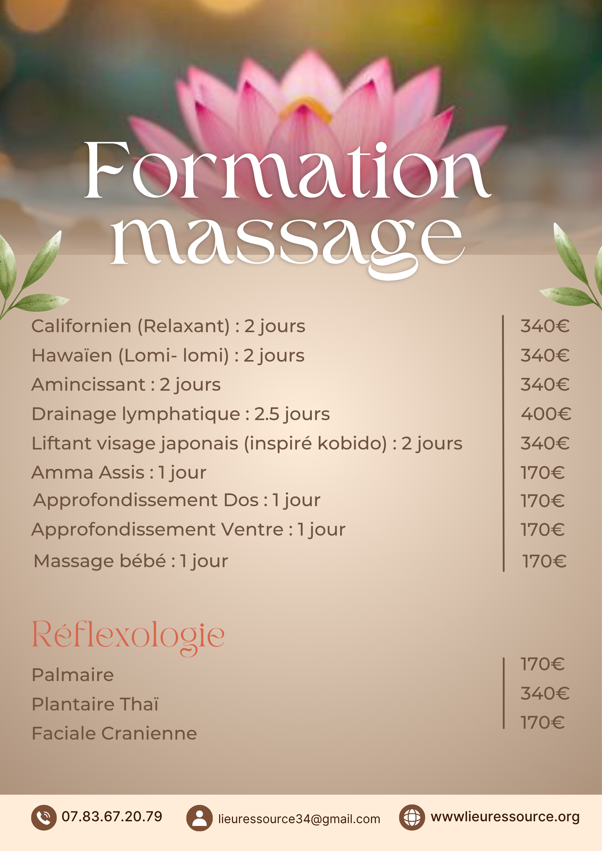 Tarifs des formations professionnelles de massages